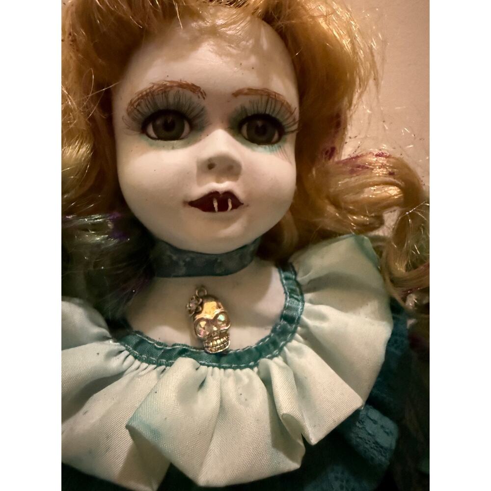 OOAK Gothic Glampire Vampire Porcelain Doll 18” Teal Lace Fang Teeth w/ Stand - Picture 3 of 9